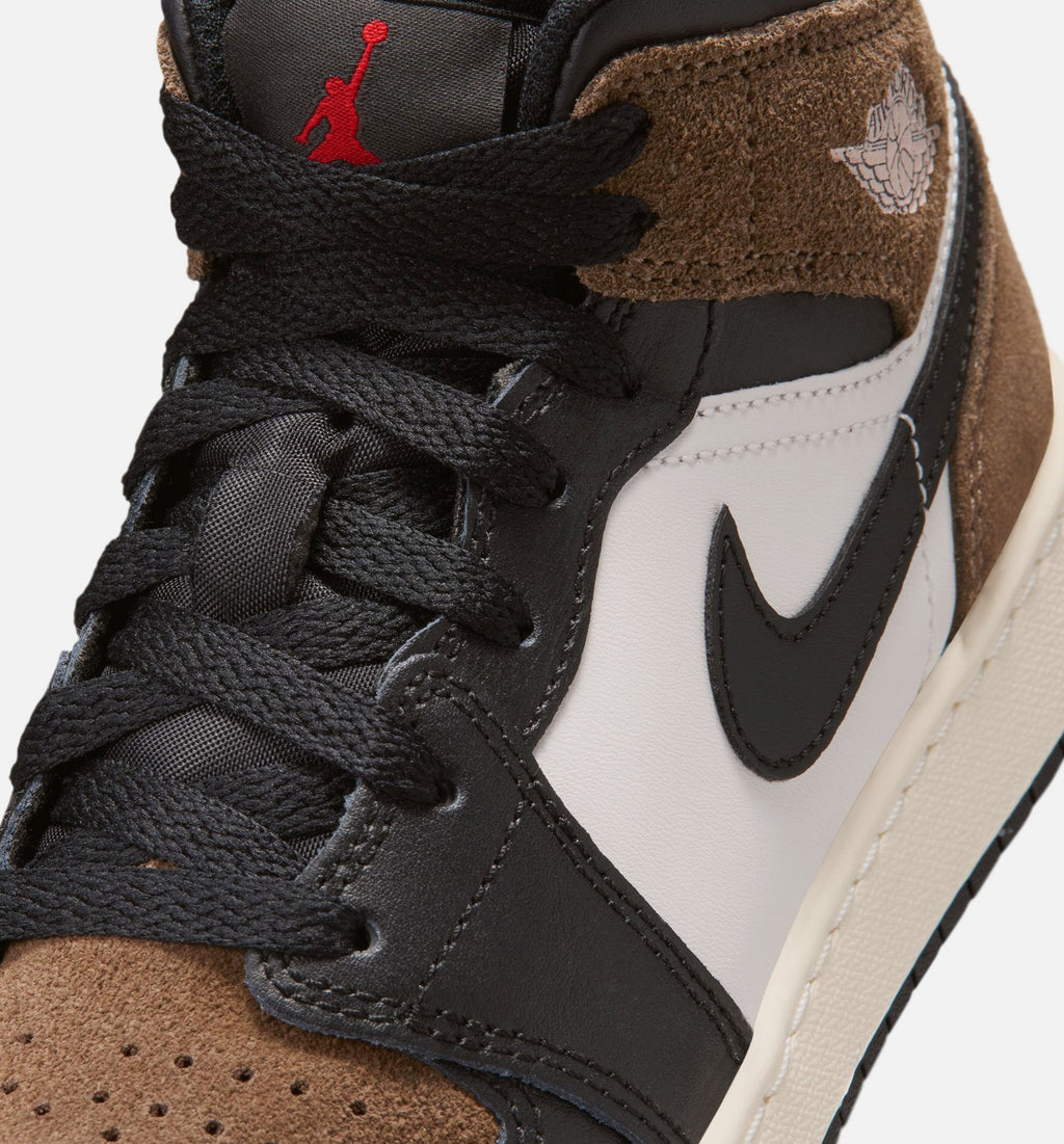 Air Jordan 1 Mid Grade School Sneakers - Black / Phantom / Light Brown / University Red