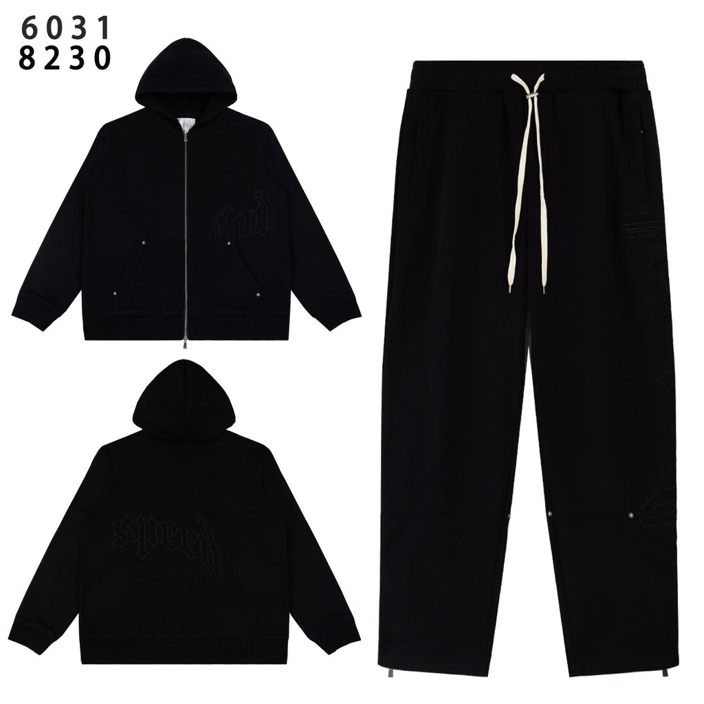 Godspeed Tonal Black Gothic Zip Hoodie Tracksuit Set