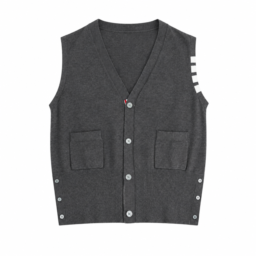 Thom Browne Style Four-Bar V-Neck Button Knit Vest