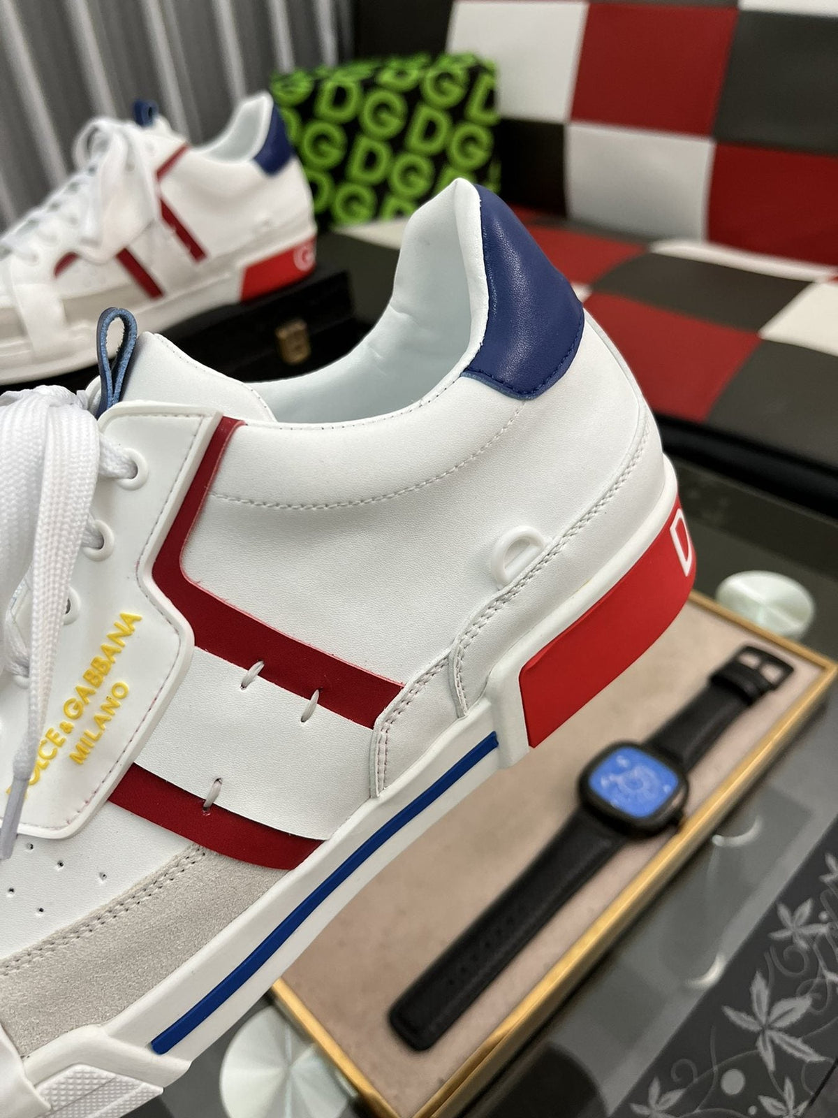 Men's White Low-Top Sneakers with Red and Navy Accents